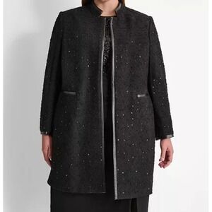 Dkny Women's Career Faux-Leather-Trim Formal Coat Over Coat 14W NWT $199‎ Sequin